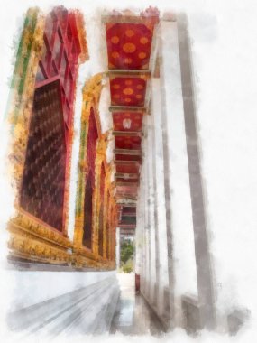 Tayland suluboya tarzının antik mimarisi empresyonist resim.