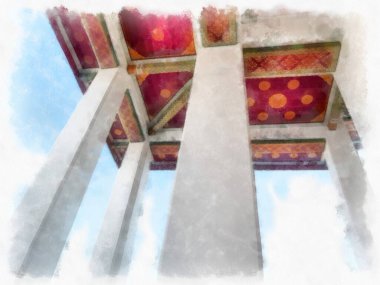 Tayland suluboya tarzının antik mimarisi empresyonist resim.