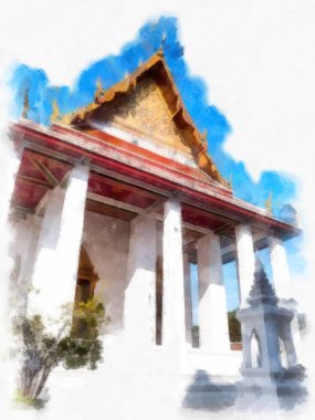 Tayland suluboya tarzının antik mimarisi empresyonist resim.