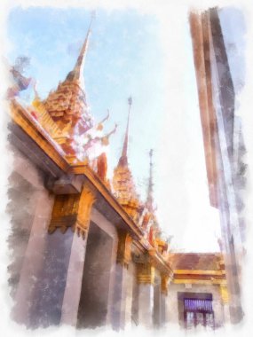 Tayland suluboya tarzının antik mimarisi empresyonist resim.