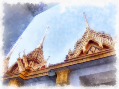 Tayland suluboya tarzının antik mimarisi empresyonist resim.