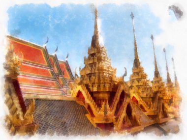 Tayland suluboya tarzının antik mimarisi empresyonist resim.