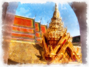 Tayland suluboya tarzının antik mimarisi empresyonist resim.
