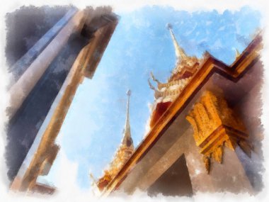 Tayland suluboya tarzının antik mimarisi empresyonist resim.