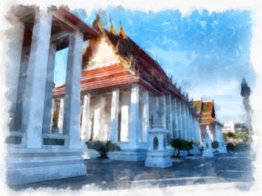 Tayland suluboya tarzının antik mimarisi empresyonist resim.