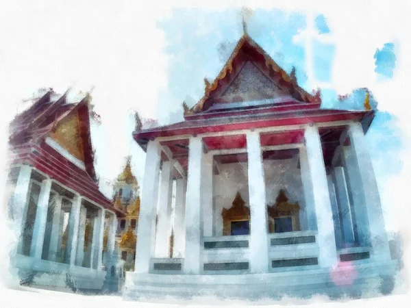泰国古建筑水彩画 印象派绘画 — 图库照片