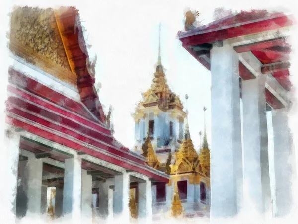 Ősi Építészet Thaiföld Akvarell Stílusú Illusztráció Impresszionista Festmény — Stock Fotó