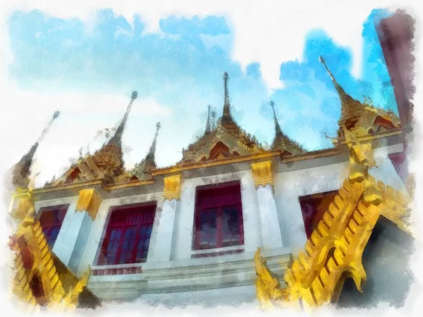 Αρχαία Αρχιτεκτονική Της Ταϊλάνδης Ακουαρέλα Στυλ Εικονογράφηση Ιμπρεσιονιστική Ζωγραφική — Φωτογραφία Αρχείου