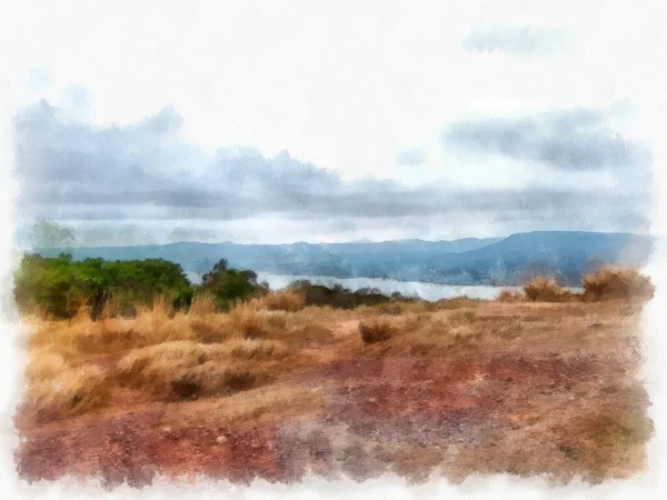 Krajobraz Górski Pastwiskami Akwarela Styl Ilustracja Impresjonistyczne Malarstwo — Zdjęcie stockowe