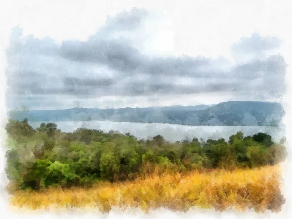 草原のある山の風景水彩風のイラスト印象派絵画 — ストック写真