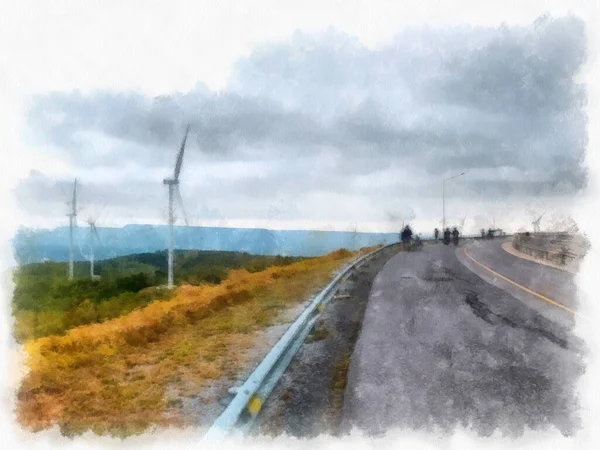 風力タービン水彩風イラスト印象派絵画 — ストック写真
