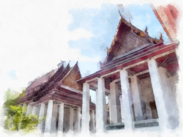 Oude Architectuur Van Thailand Aquarel Stijl Illustratie Impressionistische Schilderij — Stockfoto