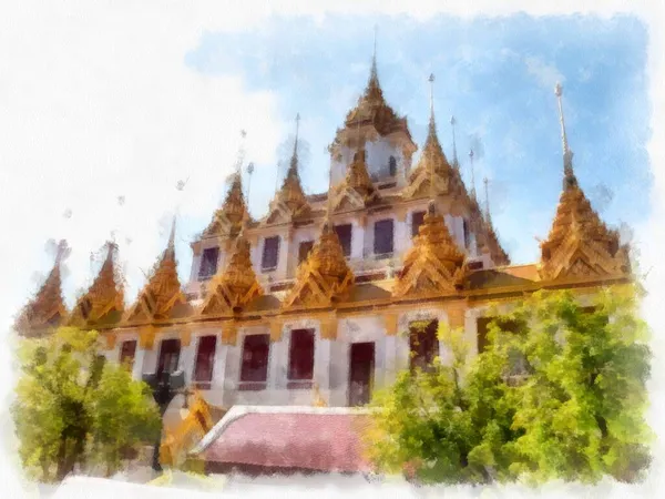 Arquitetura Antiga Tailândia Aquarela Estilo Ilustração Impressionista Pintura — Fotografia de Stock