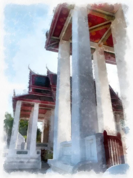Starożytna Architektura Tajlandii Akwarela Styl Ilustracji Impresjonistyczne Malarstwo — Zdjęcie stockowe
