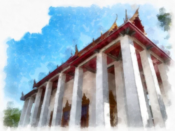 Starożytna Architektura Tajlandii Akwarela Styl Ilustracji Impresjonistyczne Malarstwo — Zdjęcie stockowe