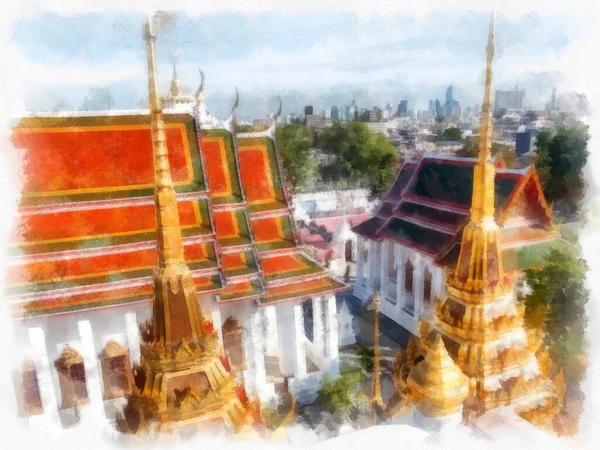 Architecture Ancienne Thaïlande Aquarelle Style Illustration Peinture Impressionniste — Photo