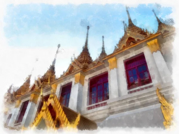 Alte Architektur Von Thailand Aquarell Stil Illustration Impressionistische Malerei — Stockfoto