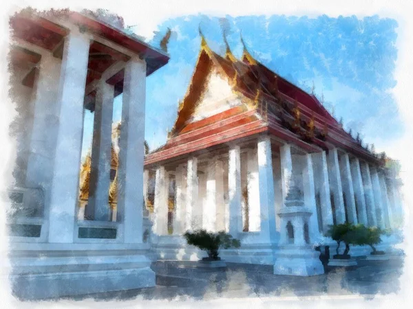Antica Architettura Della Thailandia Acquerello Stile Illustrazione Impressionista Pittura — Foto Stock