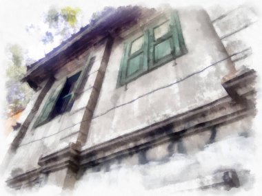 Eski terk edilmiş Avrupa tarzı suluboya resim çizimi.