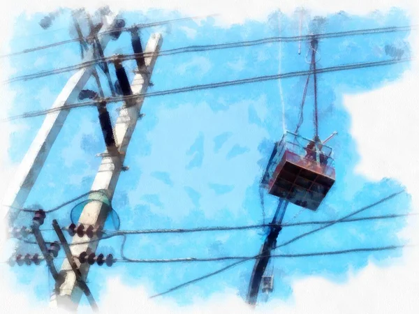 建筑电梯和电线杆水彩画印象派绘画 — 图库照片