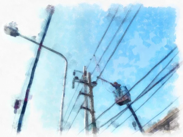Construction Lifts Electric Poles Watercolor Style Illustration Impressionist Painting — Stock Photo, Image