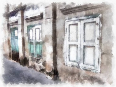 Eski terk edilmiş Avrupa tarzı suluboya resim çizimi.