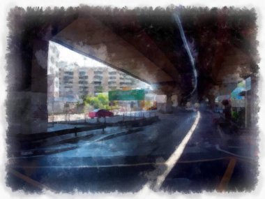 Şehirdeki ekspres yolun manzarası suluboya resim ressamı..