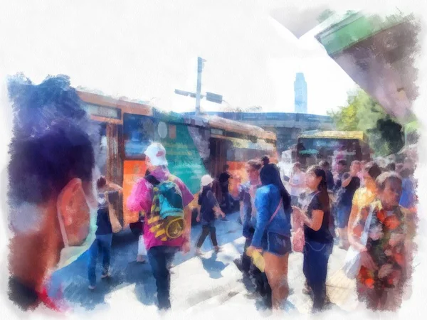 Passageiros Parada Ônibus Aquarela Estilo Ilustração Impressionista Pintura — Fotografia de Stock