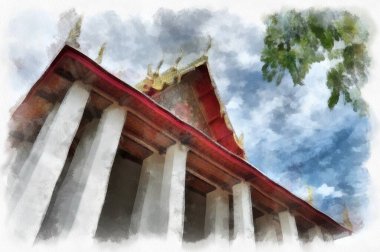 Tayland suluboya tarzının antik mimarisi empresyonist resim.