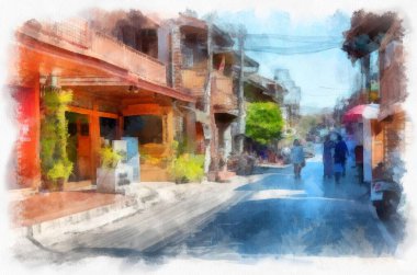 Tayland 'ın suluboya stili illüstrasyon resimciliği illerinde ticari bölgelerin manzarası.