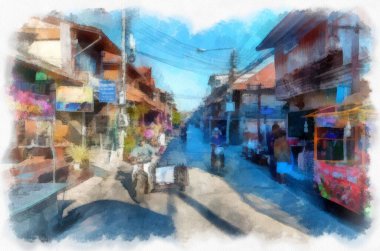 Tayland 'ın suluboya stili illüstrasyon resimciliği illerinde ticari bölgelerin manzarası.