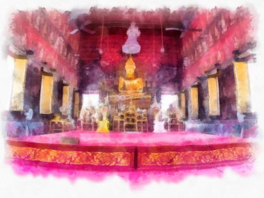 Tayland suluboya tarzının antik mimarisi empresyonist resim.