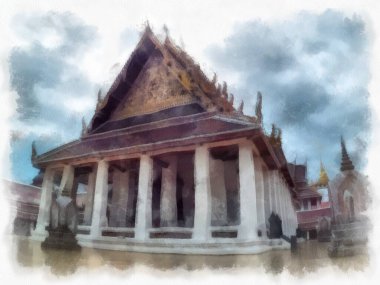 Tayland suluboya tarzının antik mimarisi empresyonist resim.