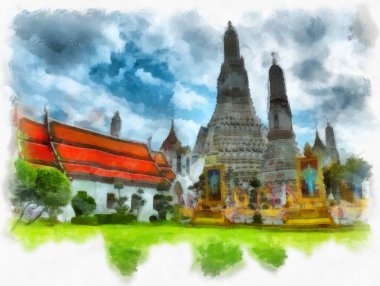 Tayland suluboya tarzının antik mimarisi empresyonist resim.