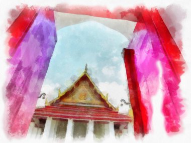 Tayland suluboya tarzının antik mimarisi empresyonist resim.