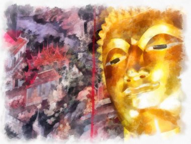 Tayland suluboya tarzının antik mimarisi empresyonist resim.