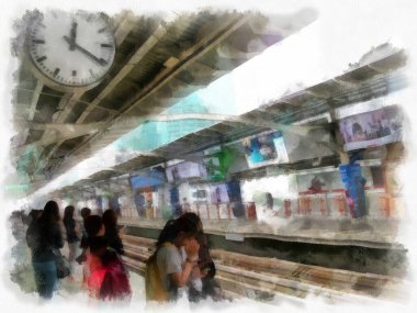 Tren istasyonu peyzajı suluboya resim çizimi.