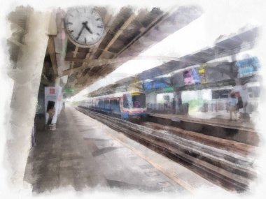 Tren istasyonu peyzajı suluboya resim çizimi.