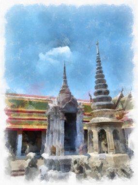 Tayland suluboya tarzının antik mimarisi empresyonist resim.