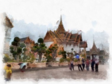 Tayland suluboya tarzının antik mimarisi empresyonist resim.