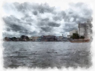 Nehir manzarası suluboya stili çizim empresyonisti.