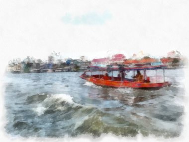 Nehir manzarası suluboya stili çizim empresyonisti.