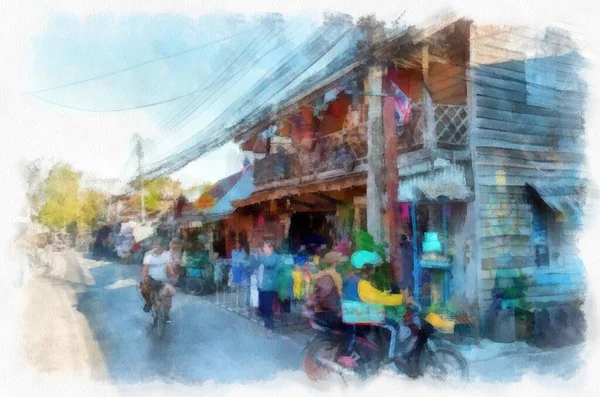 Paisagem Distritos Comerciais Nas Províncias Tailândia Aquarela Estilo Ilustração Impressionista — Fotografia de Stock