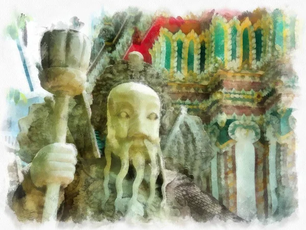 タイの古代建築水彩画スタイルのイラスト印象派絵画 — ストック写真