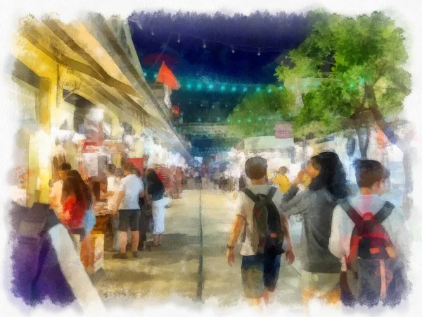 Marché Nuit Thaïlande Aquarelle Style Illustration Peinture Impressionniste — Photo