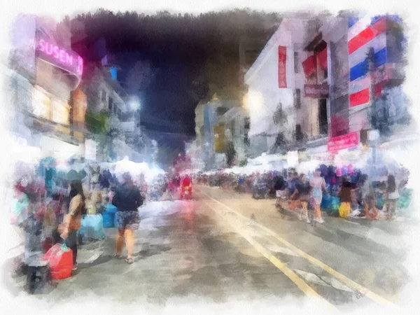 Mercado Nocturno Tailandia Acuarela Estilo Ilustración Pintura Impresionista —  Fotos de Stock