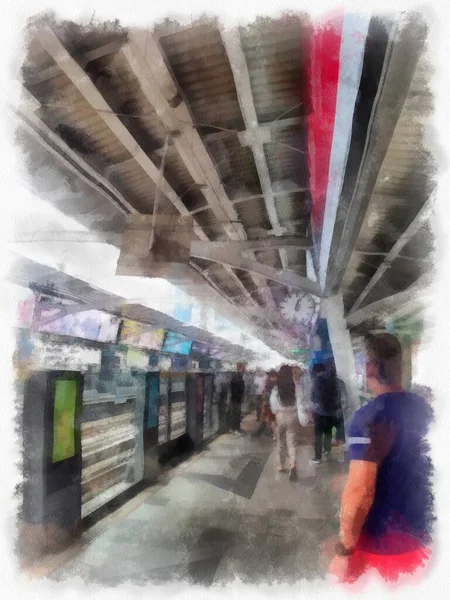 Stazione Ferroviaria Paesaggio Acquerello Stile Illustrazione Impressionista Pittura — Foto Stock