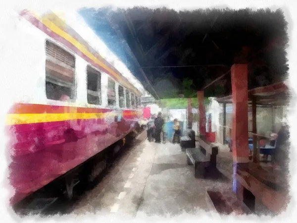 Tren Istasyonu Peyzajı Suluboya Resim Çizimi — Stok fotoğraf
