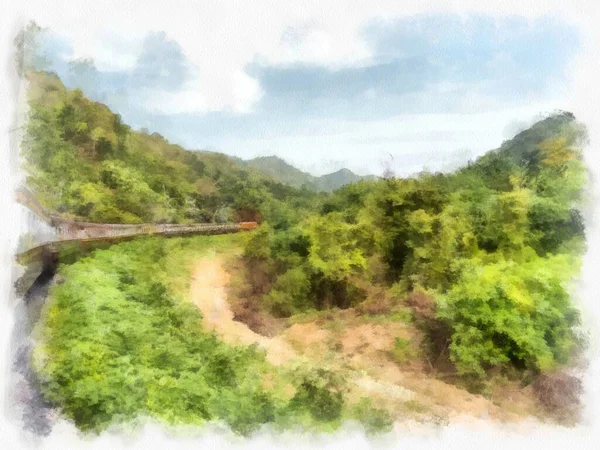 Τοπίο Της Ταϊλάνδης Τρένο Κρουαζιέρα Μέσα Από Δάσος Ακουαρέλα Στυλ — Φωτογραφία Αρχείου