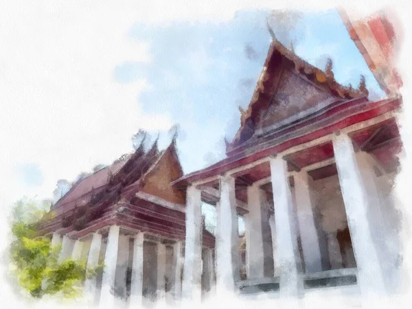 Давня Архітектура Тайського Акварельного Стилю Ілюстрації Імпресіоністського Живопису — стокове фото